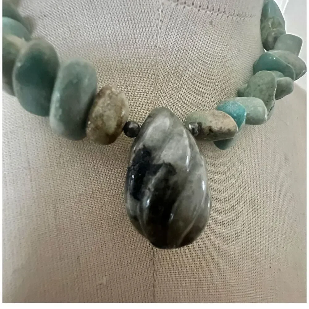 Sterling Silver Toggle Necklace w/ Turquoise Nugget Beads + Labradorite Pendant